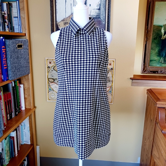 Houndstooth check top sleeveless vintage polyester size M long swing - Picture 2 of 6